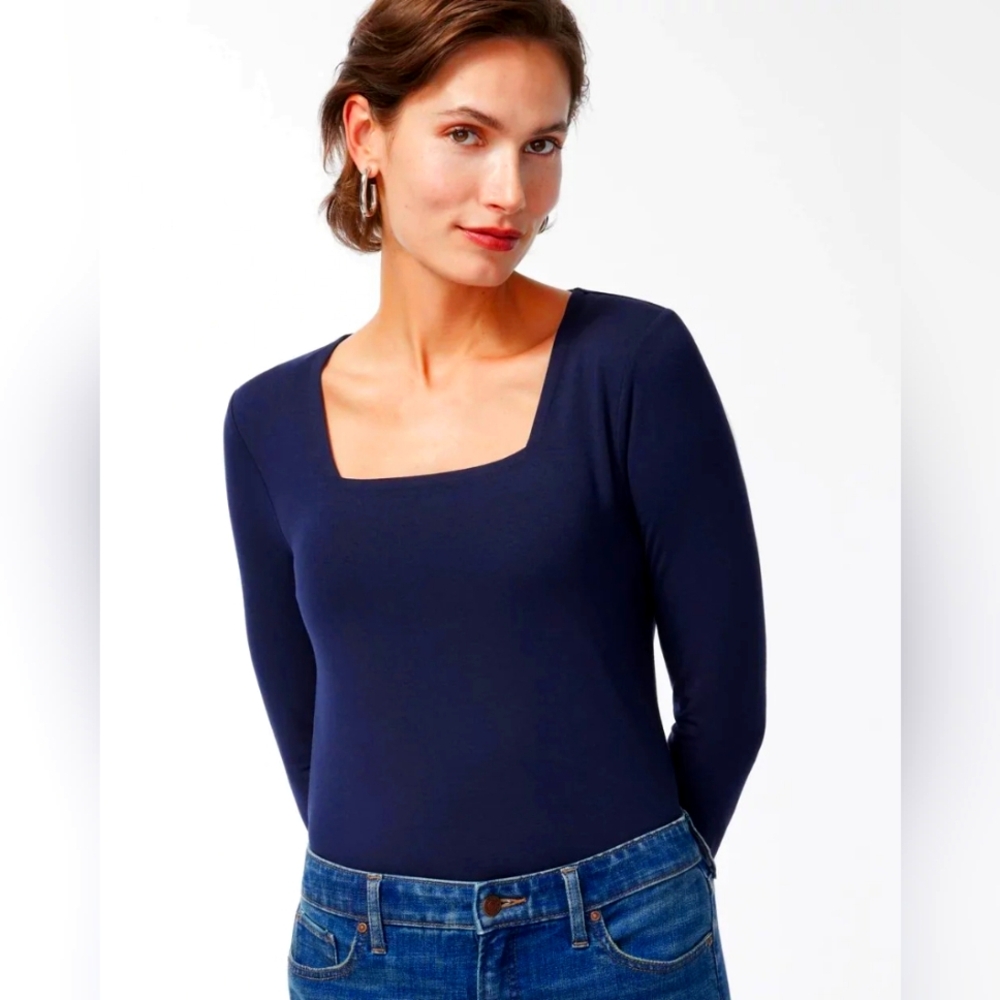 NWT Chico's Touch Of Cool Square Neck Navy Blue Blouse Size 3 / Large